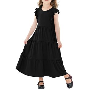 Girls Maxi Dress Kids Flutter Sleeves Boho Solid Cotton Tiered Long Dresses