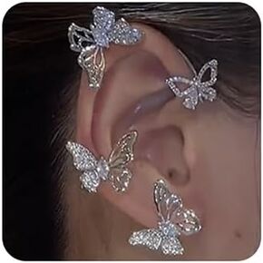 Missgrace 1 Pair Fashion Gothic Elves Ear Cuff Piercing Cartilage Climber Ear Wrap Retro Silver Butterfly Rhinestones Earrings Punk Hip Hop Statement Earrings for Women