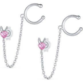 Geometric Square Pyramid Pave CZ Tree Heart Cartilage Ear Helix Cuff Wrap Earlobe Chain & Earring Stud Set .925 Sterling Silver