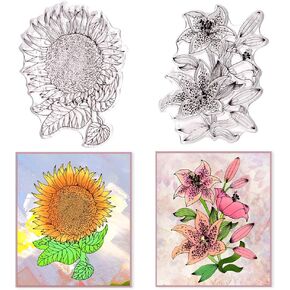 Spring Sunflowers Clear Stamps for Card Making Greenish Lily Flower Clear Stamp Flowers Background Transparent Silicone Stamps for DIY Scrapbooking Supplies Embossing Paper Card Album Decoration Craft
