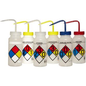 SP Bel-Art Safety-Labeled Assorted 4-Color Wide-Mouth Wash Bottles; 500ml (16oz), Polyethylene w/Polypropylene Cap, (Pack of 6) (F11716-0050)