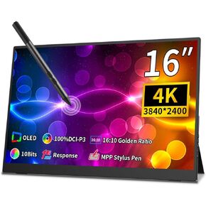 16 inch 4k OLED Touchscreen Portable Monitor, 3840 x 2400 100% P3 Portable Display MPP Stylus Pen Compatibility 1MS Eye Care PC Monitor for Laptop,Mac NUC Mini PC,VESA & Integrated Stand