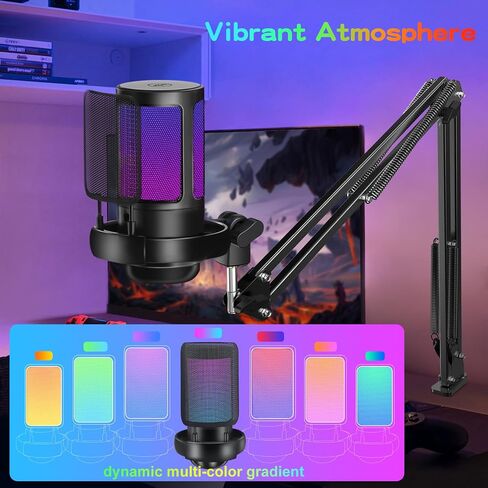 KingSom Gaming USB Microphone,Noise Cancellation Condenser Mic with Boom Arm,Podcast Microphones RGB Computer Mic,Streaming Microphone with Pop Filter, Mute Button,Gain for Recording,Discord,YouTube in Saudi Arabia