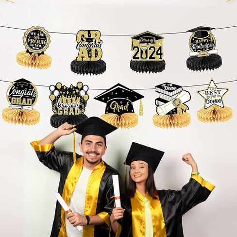 9 قطع من ديكورات حفلات التخرج، فئة 2024 تهانينا بالتخرج قطع مركزية من الذهب الأسود، تهانينا للتخرج على شكل قرص العسل لتزيين سطح المكتب in Kuwait