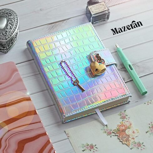 Mazeran مجلة قفل على شكل قلب، ليزر قوس قزح PU كروكو منقوش بغطاء صلب دفتر يوميات السفر، قفل مبطن B6 مع منظم شخصي رئيسي هدية للفتيات والنساء والابنة in Kuwait