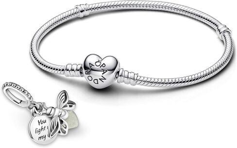 Pandora Jewelry Bundle with Gift Box - Glow-in-the-Dark Firefly Dangle Charm & Moments Sterling Silver Snake Chain Charm Bracelet with Heart Clasp, 9.0" - Gift for Women in Saudi Arabia