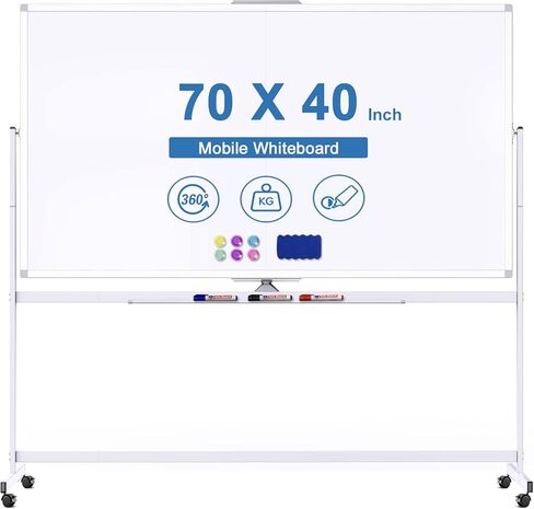 Double Sided Rolling Whiteboard, 72 x 40 Large White Board with Stands, 360° Reversible Magnetic Dry Erase Board on Wheels for School, Classroom, Office in Kuwait