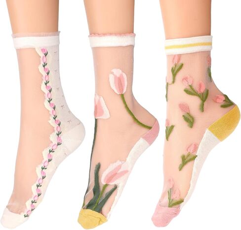3 Pairs Sheer Socks Women Mesh Socks Women Tulle Socks Lace Socks Summer Transparent Elastic Jacquard Crystal Glass Socks Womens Crew Socks Cute Mesh See Through Ankle Socks Nylon Dress Socks in Saudi Arabia