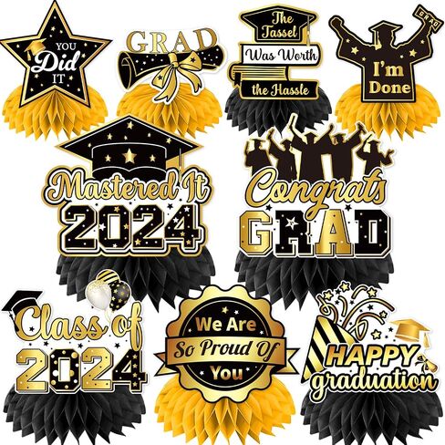 9Pcs Masters Graduation Decorations Honeycomb Centerpiece, 3D Black Gold Mastered It Class Of Mastered It Graduation Decorations Honeycomb Centerpiece, Masters Degree Graduation Decorations in Saudi Arabia