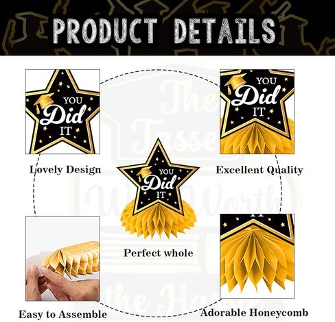 9Pcs Masters Graduation Decorations Honeycomb Centerpiece, 3D Black Gold Mastered It Class Of Mastered It Graduation Decorations Honeycomb Centerpiece, Masters Degree Graduation Decorations in Saudi Arabia
