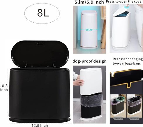 8 Liter Plastic Trash Can with Press Top Lid for Bathroom Black Narrow Toilet Waste Basket and Covered Wastebasket,2.1 Gallon Dog Proof Garbage Can for Room Bedroom Kitchen,Office and Dorm,Pack of 1 in Saudi Arabia