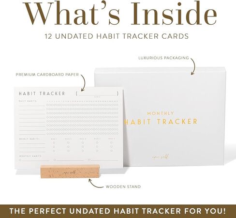 تقويم تعقب العادة مع حامل خشبي، مجلة الأهداف اليومية والمساءلة مع 12 ورقة ورقية لمدة عام، تطوير عادات أفضل، تعقب الأهداف، تعقب الدورة الشهرية، اللياقة البدنية، والرفاهية العامة in Kuwait