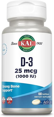 KAL Vitamin D3 1000 IU Softgels (25 mcg), Active Form of Vitamin D, Calcium Absorption, Bone Health, Immune Support Supplement, Liquid Filled ActivGel, Made Without Soy, 200 Servings, 200 Softgels in Saudi Arabia