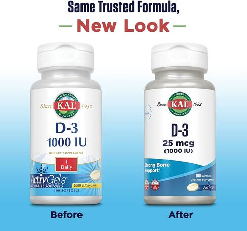 KAL Vitamin D3 1000 IU Softgels (25 mcg), Active Form of Vitamin D, Calcium Absorption, Bone Health, Immune Support Supplement, Liquid Filled ActivGel, Made Without Soy, 200 Servings, 200 Softgels in Saudi Arabia