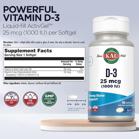 KAL Vitamin D3 1000 IU Softgels (25 mcg), Active Form of Vitamin D, Calcium Absorption, Bone Health, Immune Support Supplement, Liquid Filled ActivGel, Made Without Soy, 200 Servings, 200 Softgels in Saudi Arabia