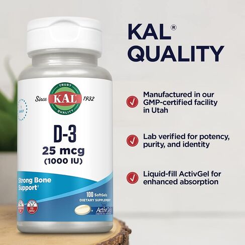 KAL Vitamin D3 1000 IU Softgels (25 mcg), Active Form of Vitamin D, Calcium Absorption, Bone Health, Immune Support Supplement, Liquid Filled ActivGel, Made Without Soy, 200 Servings, 200 Softgels in Saudi Arabia