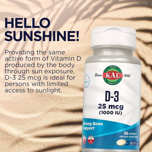 KAL Vitamin D3 1000 IU Softgels (25 mcg), Active Form of Vitamin D, Calcium Absorption, Bone Health, Immune Support Supplement, Liquid Filled ActivGel, Made Without Soy, 200 Servings, 200 Softgels in Saudi Arabia