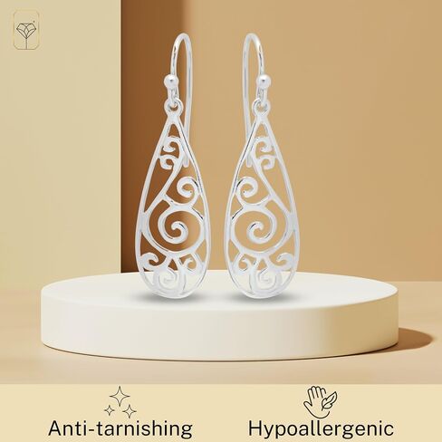 MAX + STONE 925 Filigree Sterling Silver Teardrop Dangle Anti-tarnishing Statement Earrings for Women in Saudi Arabia