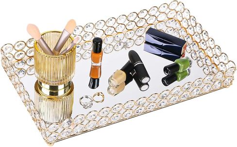 Crystal Makeup Tray,Glass Jewelry Organizer Tray,Rectangle Mirrored Vanity Cosmetics Tray,Decorative Perfume Organizer for Dresser,Bathroom,Bedroom,Home Decor (Gold) in Saudi Arabia