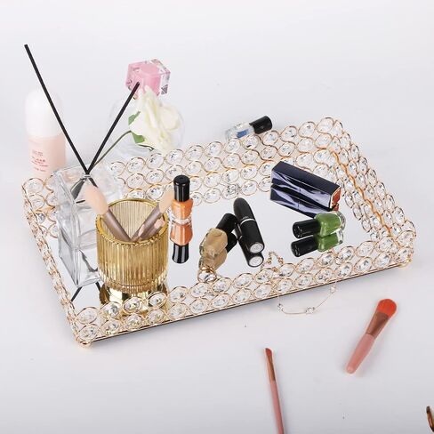 Crystal Makeup Tray,Glass Jewelry Organizer Tray,Rectangle Mirrored Vanity Cosmetics Tray,Decorative Perfume Organizer for Dresser,Bathroom,Bedroom,Home Decor (Gold) in Saudi Arabia
