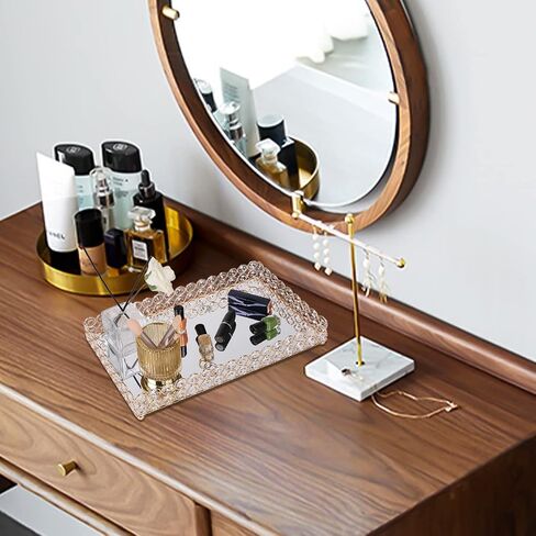 Crystal Makeup Tray,Glass Jewelry Organizer Tray,Rectangle Mirrored Vanity Cosmetics Tray,Decorative Perfume Organizer for Dresser,Bathroom,Bedroom,Home Decor (Gold) in Saudi Arabia