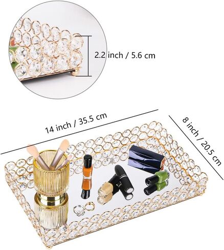 Crystal Makeup Tray,Glass Jewelry Organizer Tray,Rectangle Mirrored Vanity Cosmetics Tray,Decorative Perfume Organizer for Dresser,Bathroom,Bedroom,Home Decor (Gold) in Saudi Arabia