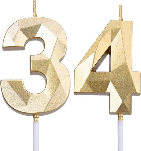 2 inch Gold 34 Birthday Candles, 3D Diamond Number 34th Cake Topper for Boys Girls Birthday Party Decorations Theme Party in Saudi Arabia