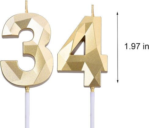 2 inch Gold 34 Birthday Candles, 3D Diamond Number 34th Cake Topper for Boys Girls Birthday Party Decorations Theme Party in Saudi Arabia