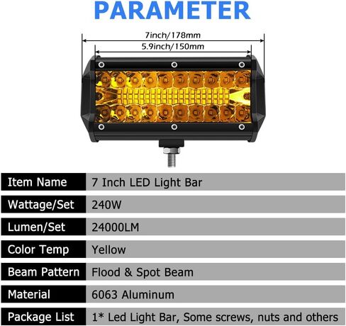 شريط إضاءة LED مقاس 7 بوصات من وينباور، 240 وات 24000 لومين، مجموعة من شعاع الفيضانات، أضواء على الطرق الوعرة، مصابيح ضباب للقيادة، ضوء عمل لشاحنة بيك اب ATV UTV، قارب SUV، أصفر in Kuwait