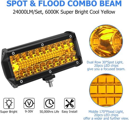 شريط إضاءة LED مقاس 7 بوصات من وينباور، 240 وات 24000 لومين، مجموعة من شعاع الفيضانات، أضواء على الطرق الوعرة، مصابيح ضباب للقيادة، ضوء عمل لشاحنة بيك اب ATV UTV، قارب SUV، أصفر in Kuwait