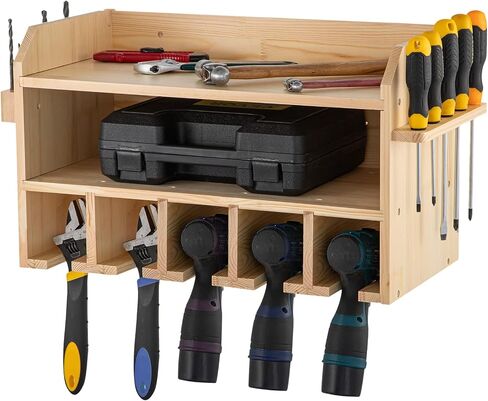 VEVOR Power Tool Organizer, Wall Mount/Benchtop Drill Holder, 5 Hanging Slots Drill Charging Station, 4-Shelf Cordless Drill Storage, Polished Wooden Toolbox for Saw, Wrench, Screwdriver Drill in Saudi Arabia