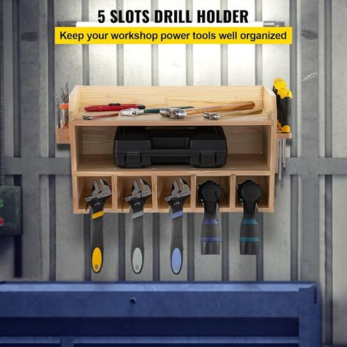 VEVOR Power Tool Organizer, Wall Mount/Benchtop Drill Holder, 5 Hanging Slots Drill Charging Station, 4-Shelf Cordless Drill Storage, Polished Wooden Toolbox for Saw, Wrench, Screwdriver Drill in Saudi Arabia