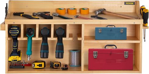 VEVOR Power Tool Organizer, Wall Mount/Benchtop Drill Holder, 5 Hanging Slots Drill Charging Station, 4-Shelf Cordless Drill Storage, Polished Wooden Toolbox for Saw, Wrench, Screwdriver Drill in Saudi Arabia