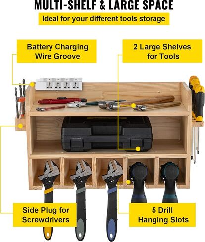 VEVOR Power Tool Organizer, Wall Mount/Benchtop Drill Holder, 5 Hanging Slots Drill Charging Station, 4-Shelf Cordless Drill Storage, Polished Wooden Toolbox for Saw, Wrench, Screwdriver Drill in Saudi Arabia