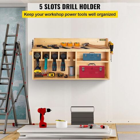 VEVOR Power Tool Organizer, Wall Mount/Benchtop Drill Holder, 5 Hanging Slots Drill Charging Station, 4-Shelf Cordless Drill Storage, Polished Wooden Toolbox for Saw, Wrench, Screwdriver Drill in Saudi Arabia