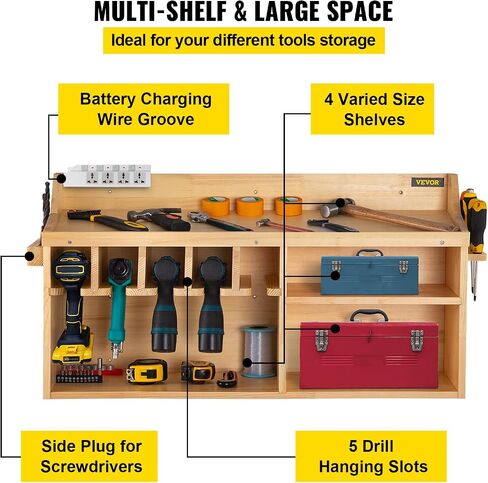 VEVOR Power Tool Organizer, Wall Mount/Benchtop Drill Holder, 5 Hanging Slots Drill Charging Station, 4-Shelf Cordless Drill Storage, Polished Wooden Toolbox for Saw, Wrench, Screwdriver Drill in Saudi Arabia