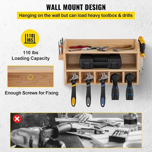 VEVOR Power Tool Organizer, Wall Mount/Benchtop Drill Holder, 5 Hanging Slots Drill Charging Station, 4-Shelf Cordless Drill Storage, Polished Wooden Toolbox for Saw, Wrench, Screwdriver Drill in Saudi Arabia