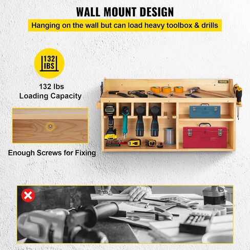 VEVOR Power Tool Organizer, Wall Mount/Benchtop Drill Holder, 5 Hanging Slots Drill Charging Station, 4-Shelf Cordless Drill Storage, Polished Wooden Toolbox for Saw, Wrench, Screwdriver Drill in Saudi Arabia