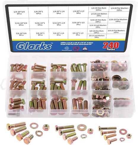 Glarks 240Pcs Grade 8 Coarse Thread Hex Bolts Nuts Screws Washers Assortment Kit, 1/4-20 5/16-18 3/8-16 Inch 12 Size Hex Head Cap Screws and Hex Nuts Flat Washers Lock Washers Set in Saudi Arabia