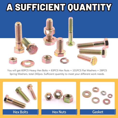 Glarks 240Pcs Grade 8 Coarse Thread Hex Bolts Nuts Screws Washers Assortment Kit, 1/4-20 5/16-18 3/8-16 Inch 12 Size Hex Head Cap Screws and Hex Nuts Flat Washers Lock Washers Set in Saudi Arabia