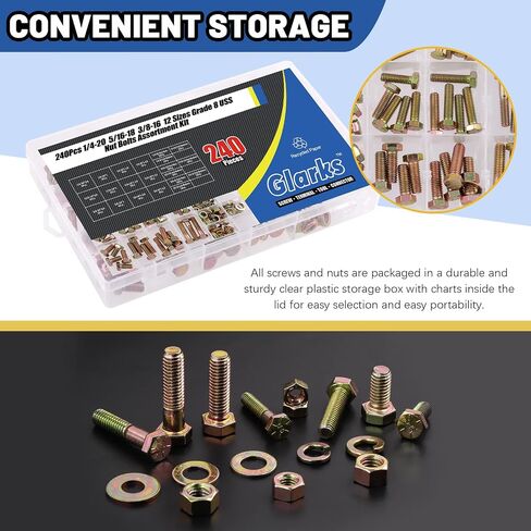 Glarks 240Pcs Grade 8 Coarse Thread Hex Bolts Nuts Screws Washers Assortment Kit, 1/4-20 5/16-18 3/8-16 Inch 12 Size Hex Head Cap Screws and Hex Nuts Flat Washers Lock Washers Set in Saudi Arabia