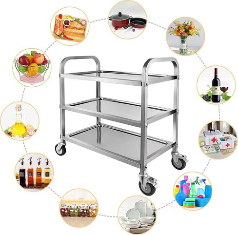 Marada 3-Tier Metal Rolling Cart Multifunction Kitchen Storage Organizer Mobile Storage Shelves with Brake Wheels Stainless Storage Cart for Kitchen Bathroom Living Room Bar Office in Saudi Arabia