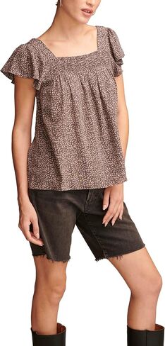 Lucky Brand Women's Smocked Neck Flutter SLV Top in Saudi Arabia