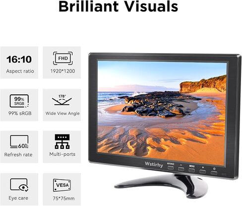 10.1 inch Small Monitor (1920x1200) IPS 178° Viewing Angle Display Support HDMI VGA AV BNC USB Intput for PC Laptop Computer, Kitchen Monitor Built-in Speaker, VESA Mountable, Remote Control in Saudi Arabia