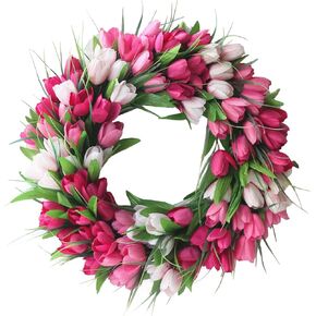 Asodomo 19.7 Inches Artificial Tulip Flower Wreaths Pink Tulip Front Door Wreath Fake Flower Wreaths for Spring, Summer, Winter, Home, Wedding, 210106QY01-31-1716178281