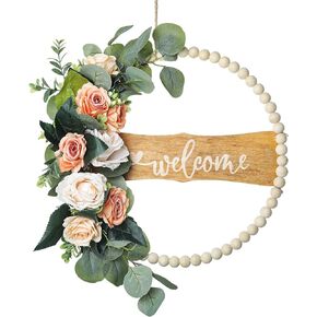 SWTHONY 16 Inch Peony Floral Welcome Wreath with Welcome Sign for Front Door Spring Summer Flower Door Wreath with Eucalyptus Leaves Boho Wood Beads Wreath Artificial Wall Plants Indoor and Outdoor