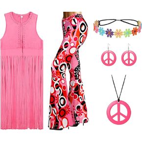 Geyoga Women 70s Hippie Costume Set Boho Fringe Vest Flared Pant Cardigan Peace Sign Earrings for Halloween Costume Party