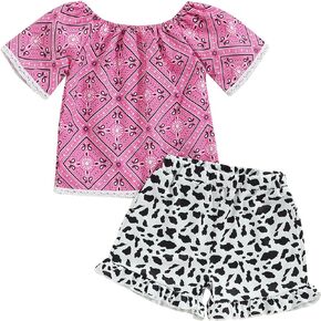 Western Baby Girl Outfit Cow Print Clothes Short Sleeve Off Shoulder Tops Shorts 0-5T Kid Toddler Girl Summer Sets