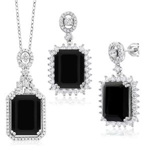 Gem Stone King 925 Sterling Silver Black Onyx Pendant and Earrings Jewelry Set For Women (20.00 Cttw, Emerald Cut 14X10MM, Gemstone Birthstone, with 18 Inch Chain)