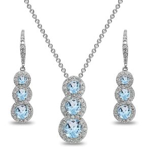 Sterling Silver Genuine or Synthetic Gemstone Journey Halo 3-Stone Necklace & Earrings Set for Women